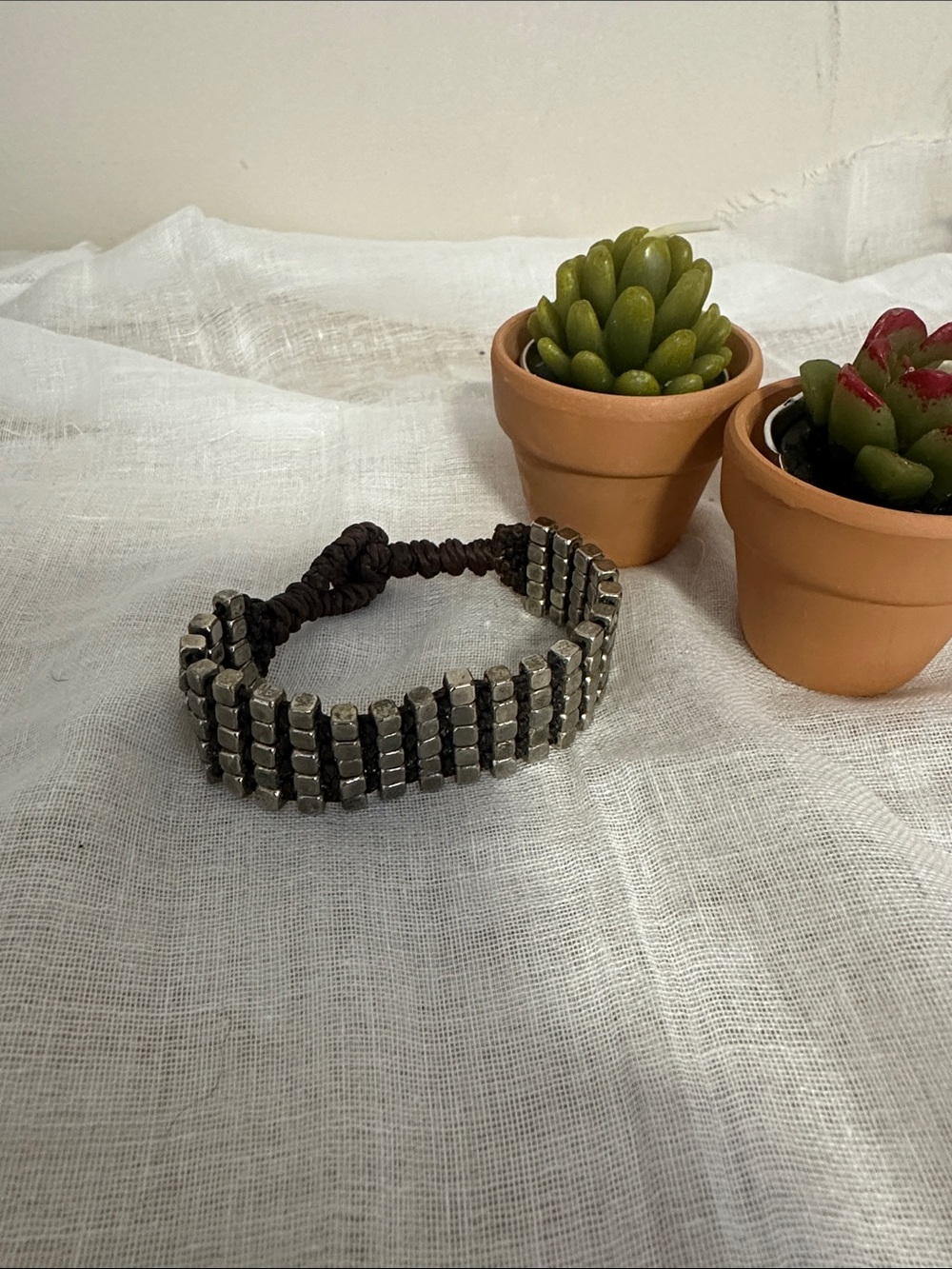 Beaded Silver & Leather Metal Link Bracelet Vintage 90’s